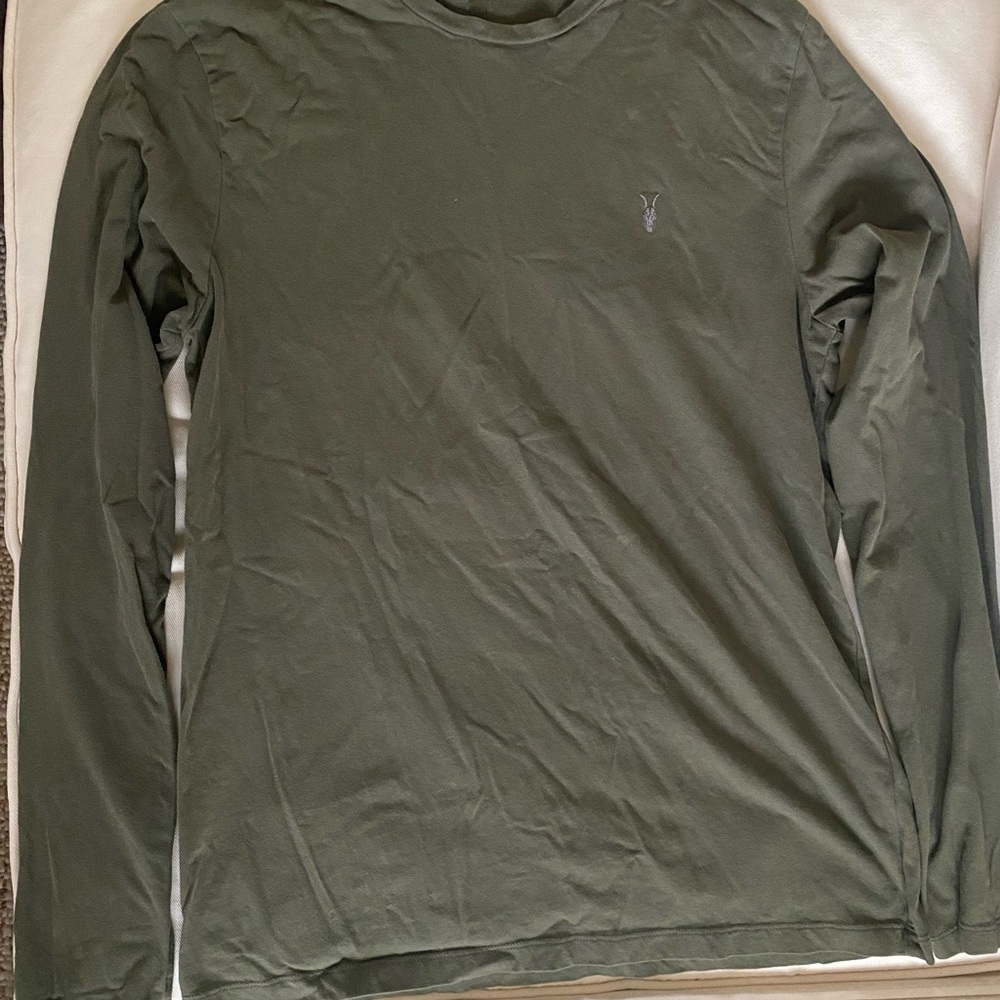 AllSaints Brace Brushed Men's Cotton Long-Sleeve Tee in Olive